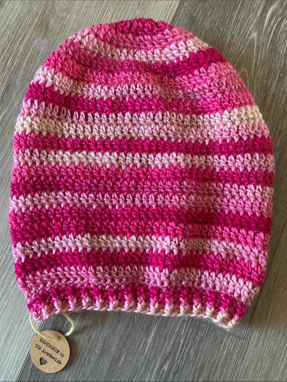 HAND CRAFTED Striped Crochet Slouch Beanie NEW Pink Ombre